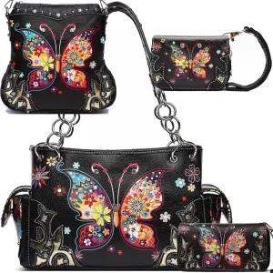 Western Style Spring Butterfly Flower Purse Women Country Handbag Rhinestone Stud Shoulder Bag Wallet Set