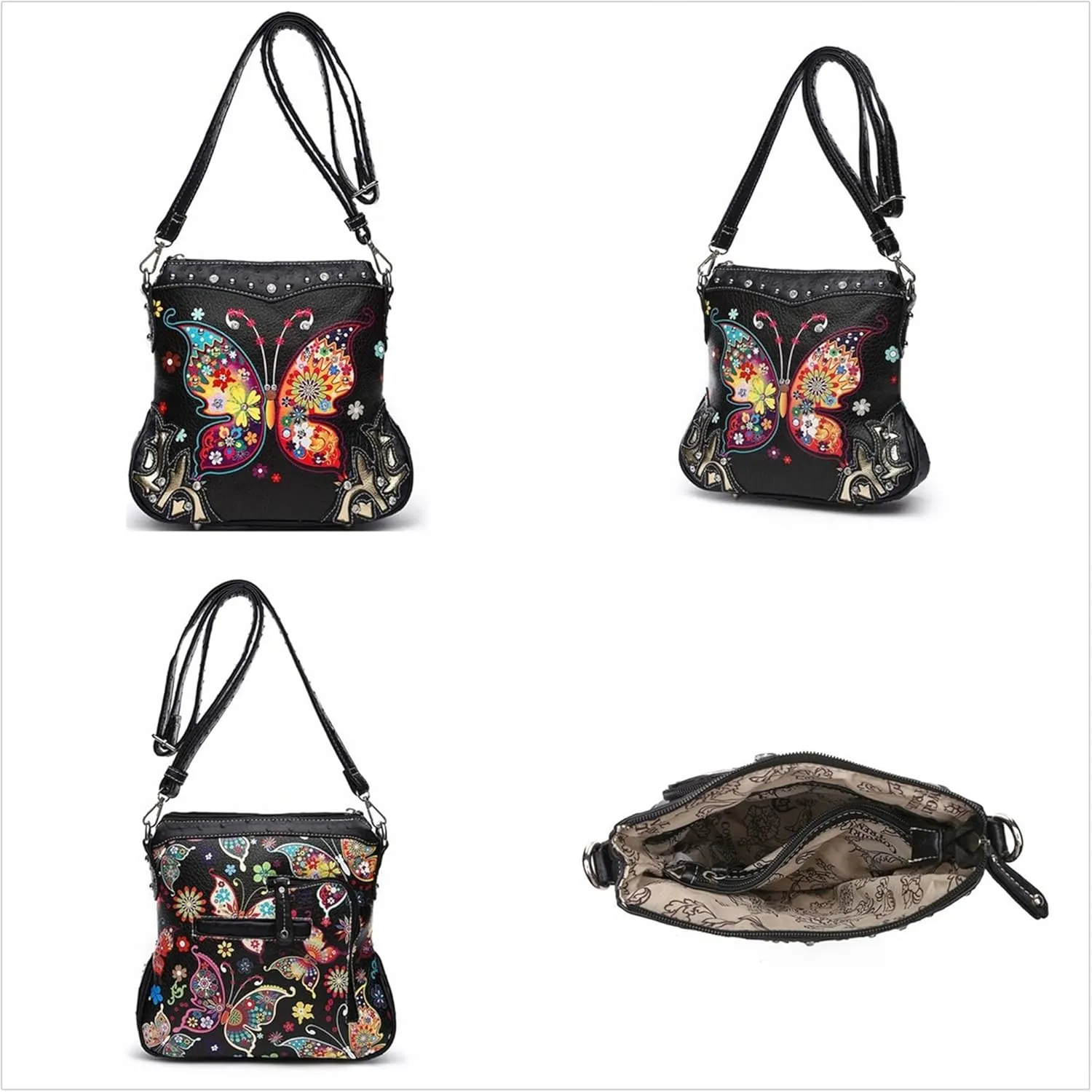 Western Style Spring Butterfly Flower Purse Women Country Handbag Rhinestone Stud Shoulder Bag Wallet Set