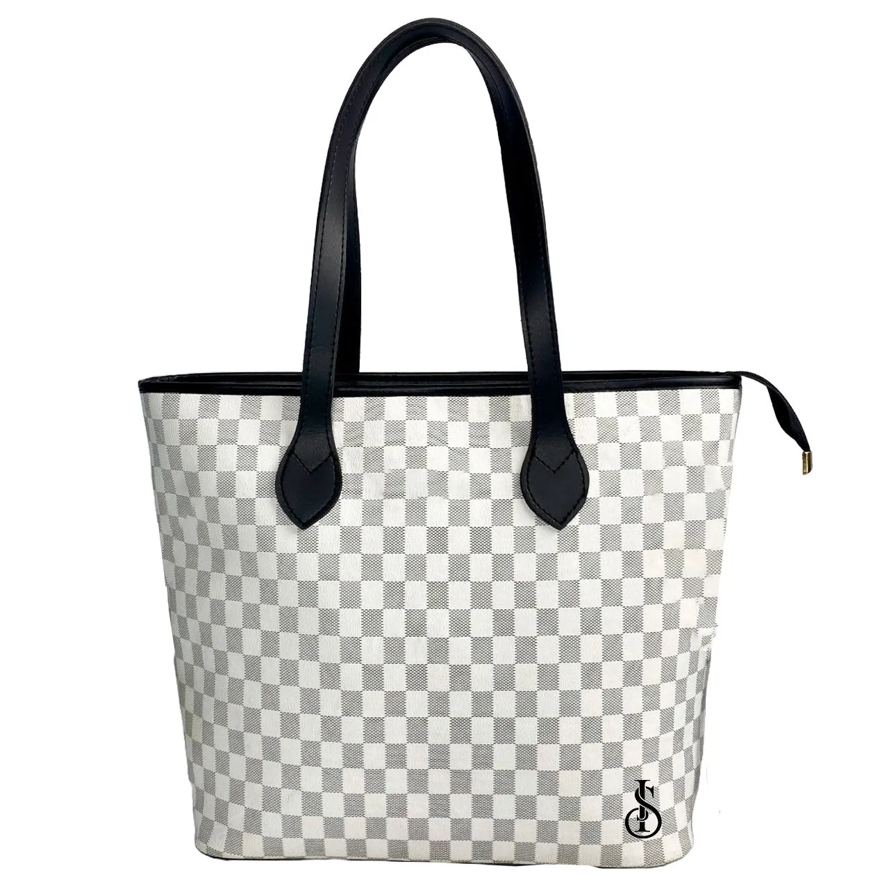White Checkered Zipper leather Tote