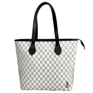White Checkered Zipper leather Tote