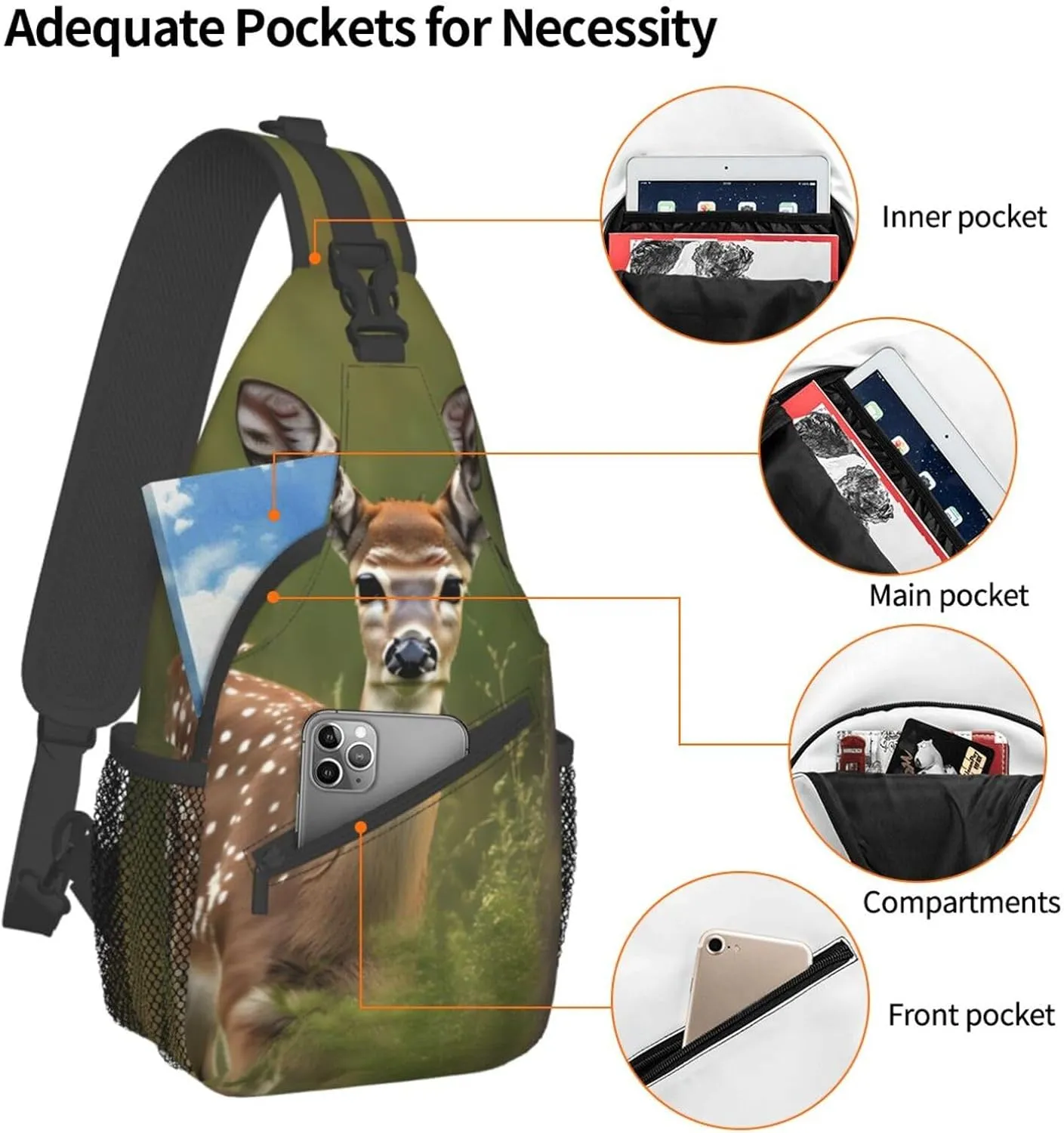 Whitetail Deer Fawn In Wilderness Stag High Storage Capacity Chest Bag Diagonally Sling Backpack Crossbody Shoulder Bag For Men Women
