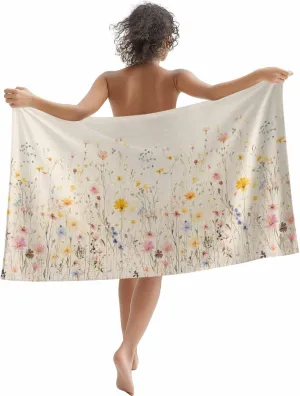 Wildflowers Blossom Microfiber Sandproof Beach Towel for Pool Swimming, Spring Rustic Retro Botanical Quick Dry Absorbent Soft Towels for Bath Camping Travel, Lightweight Breathable 30"x60"