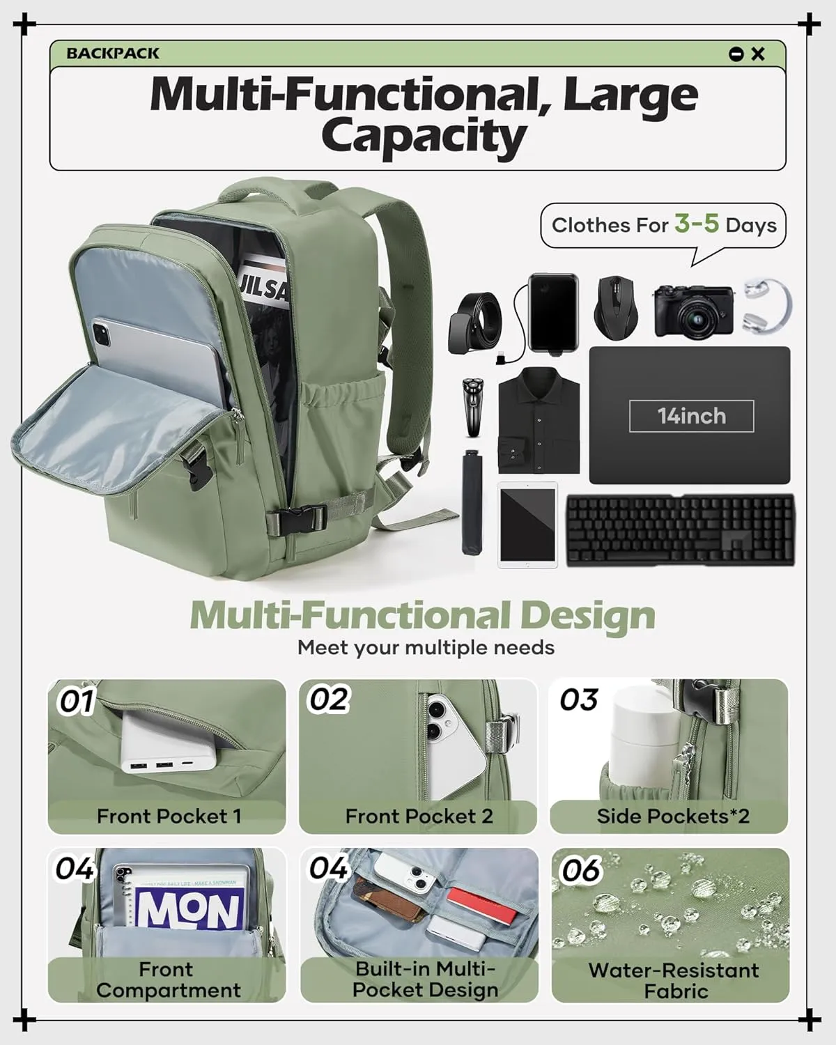 winspansy Carry on Travel Backpack for Women Men Lightweight Business Gym Laptop Work Backpack Airport Frontier Airlines Personal Item Bag Flight Approved Mochilas de Viaje Green