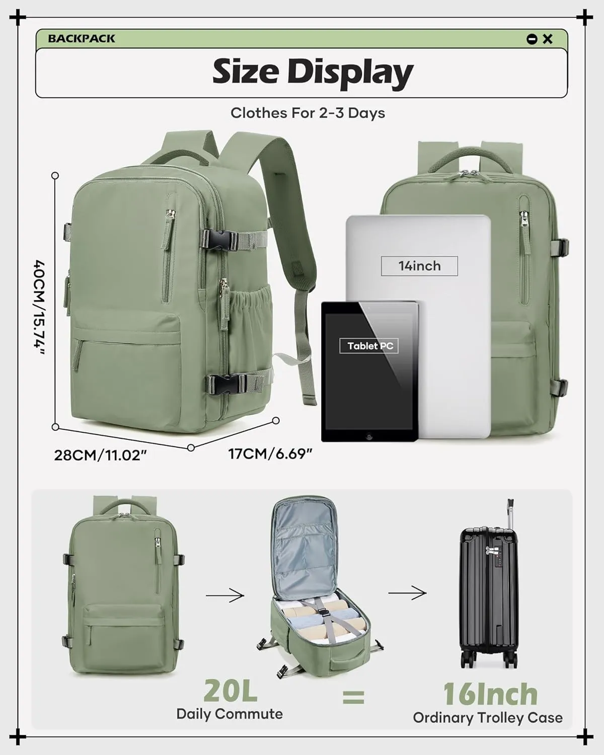 winspansy Carry on Travel Backpack for Women Men Lightweight Business Gym Laptop Work Backpack Airport Frontier Airlines Personal Item Bag Flight Approved Mochilas de Viaje Green