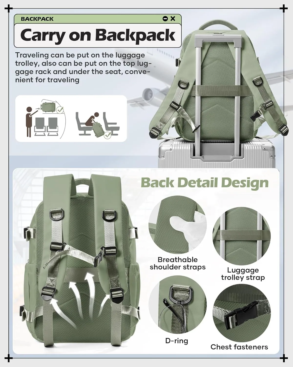 winspansy Carry on Travel Backpack for Women Men Lightweight Business Gym Laptop Work Backpack Airport Frontier Airlines Personal Item Bag Flight Approved Mochilas de Viaje Green