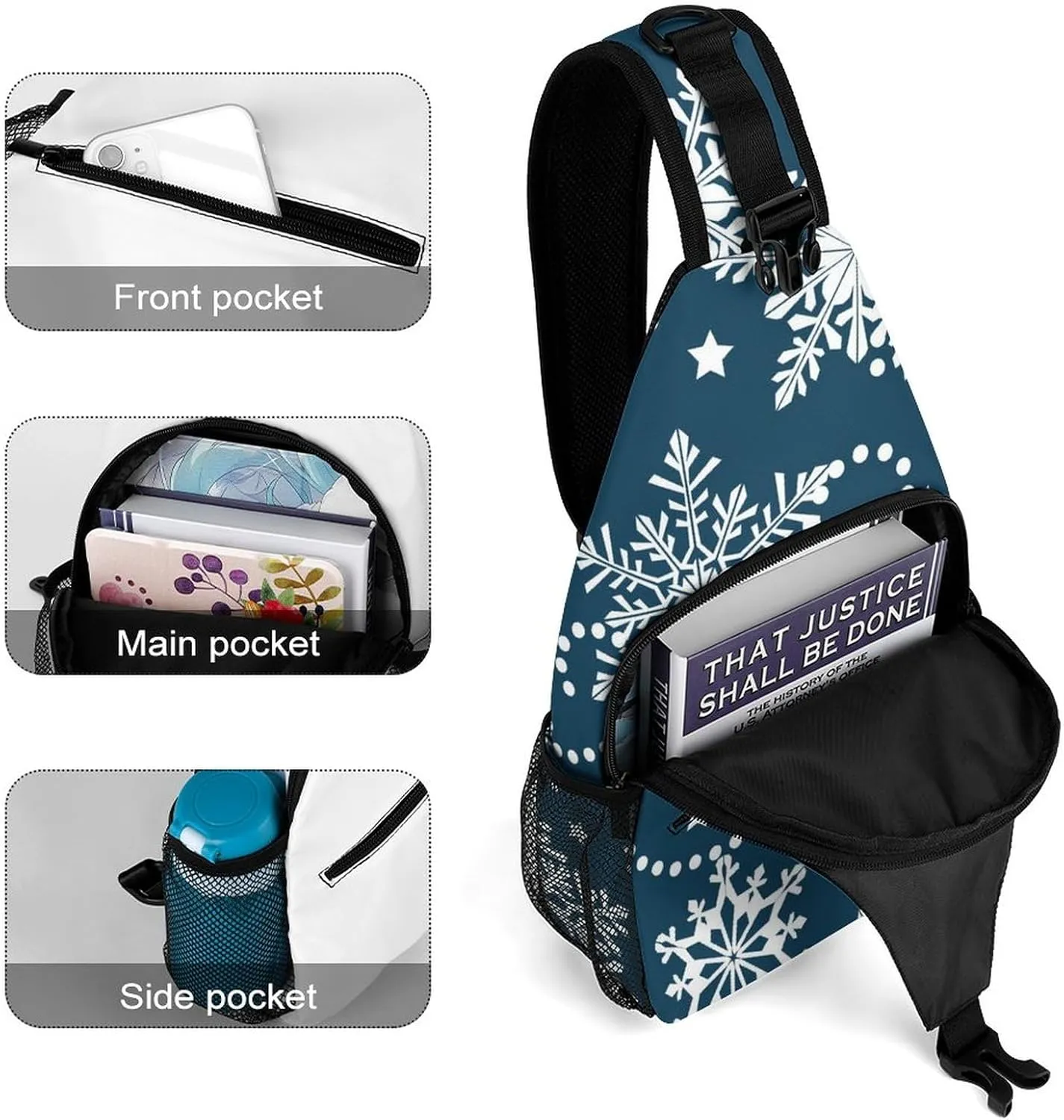 Winter Snowflake Star Crossbody Sling Backpack New Year Christmas Sling Bag Adjustable Travel Hiking Chest Bags Daypack
