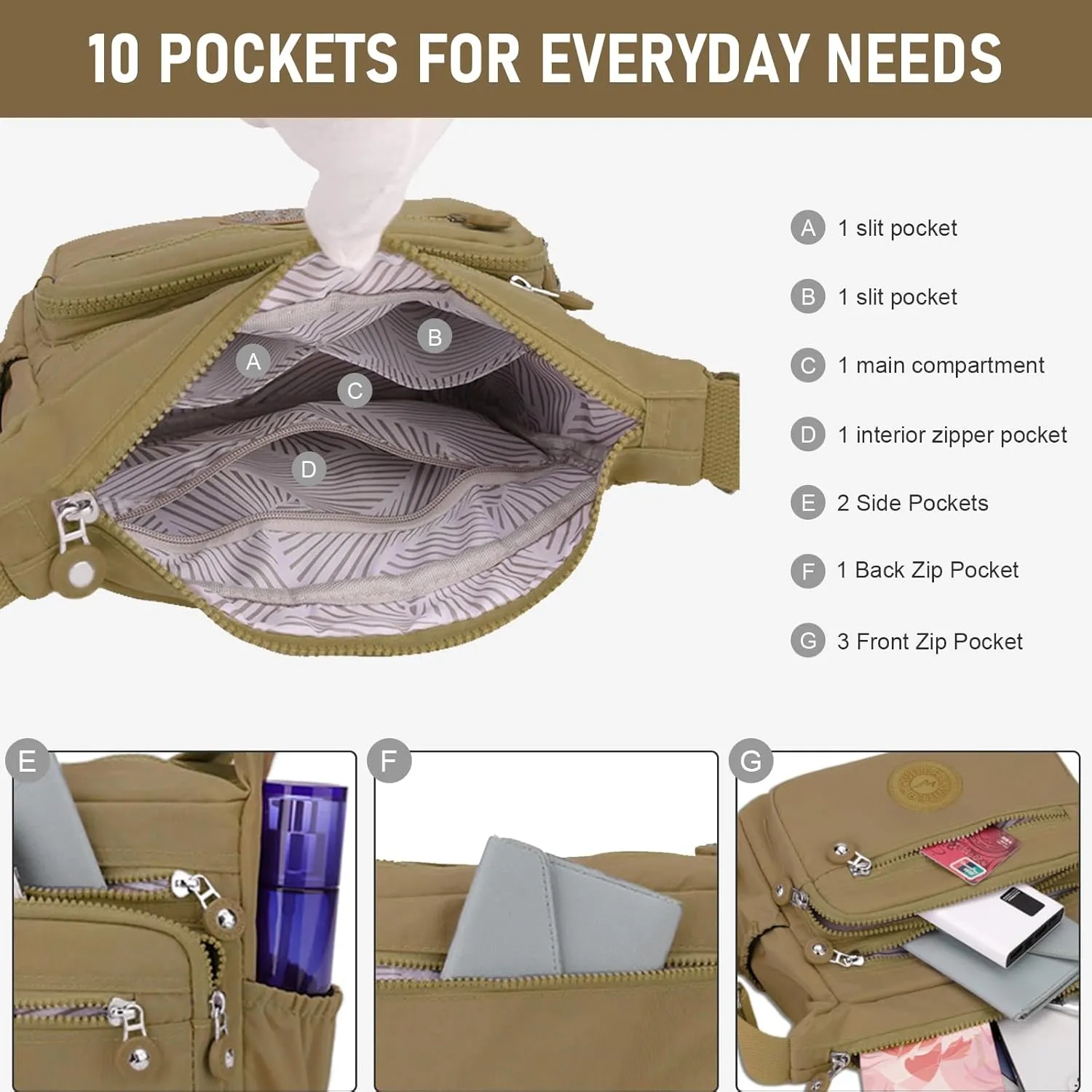 WITERY Nylon Crossboby Bag for Women - Waterproof Zipper Multi-pocket Travel Shoulder Bag Purse, Lightweight Messenger Bag