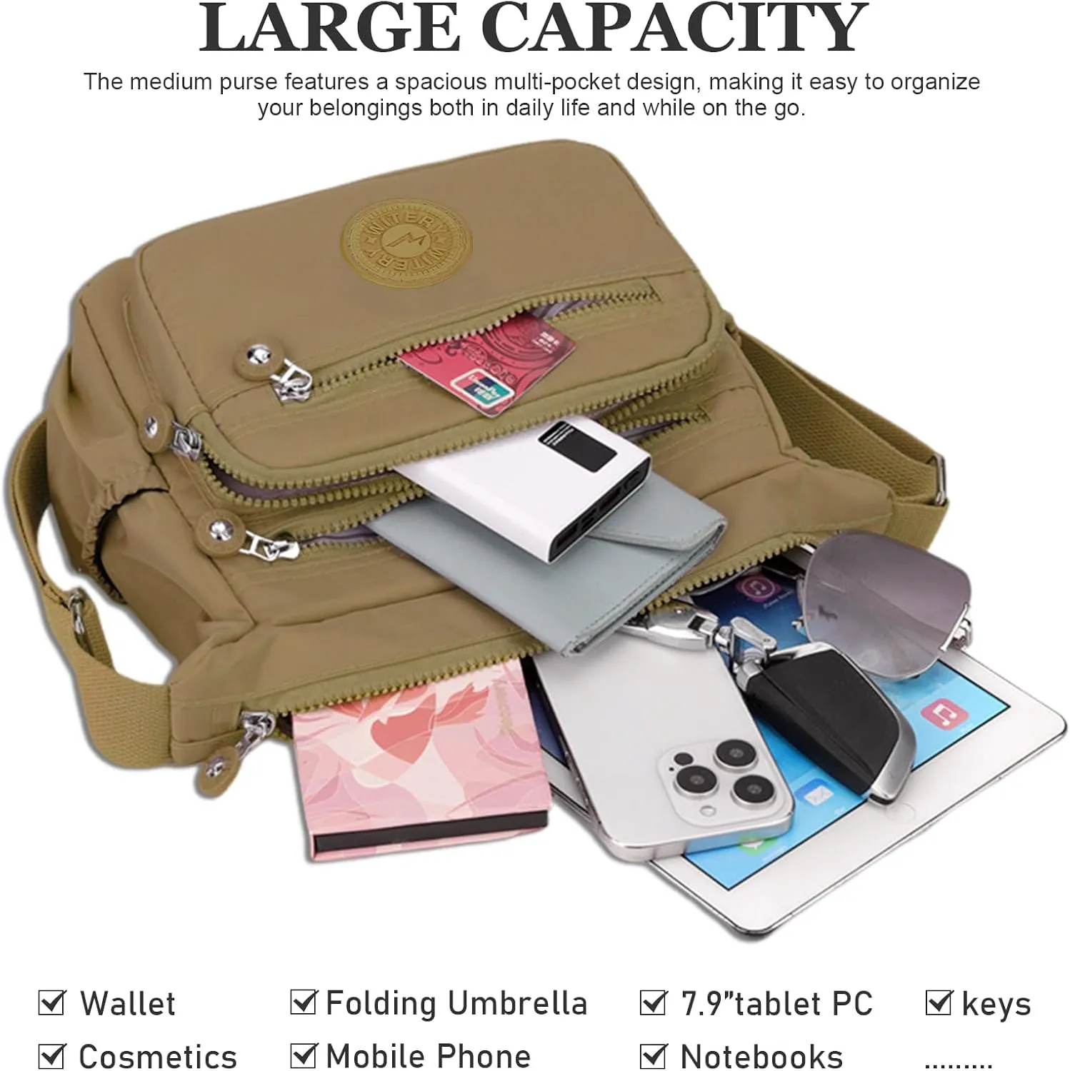 WITERY Nylon Crossboby Bag for Women - Waterproof Zipper Multi-pocket Travel Shoulder Bag Purse, Lightweight Messenger Bag