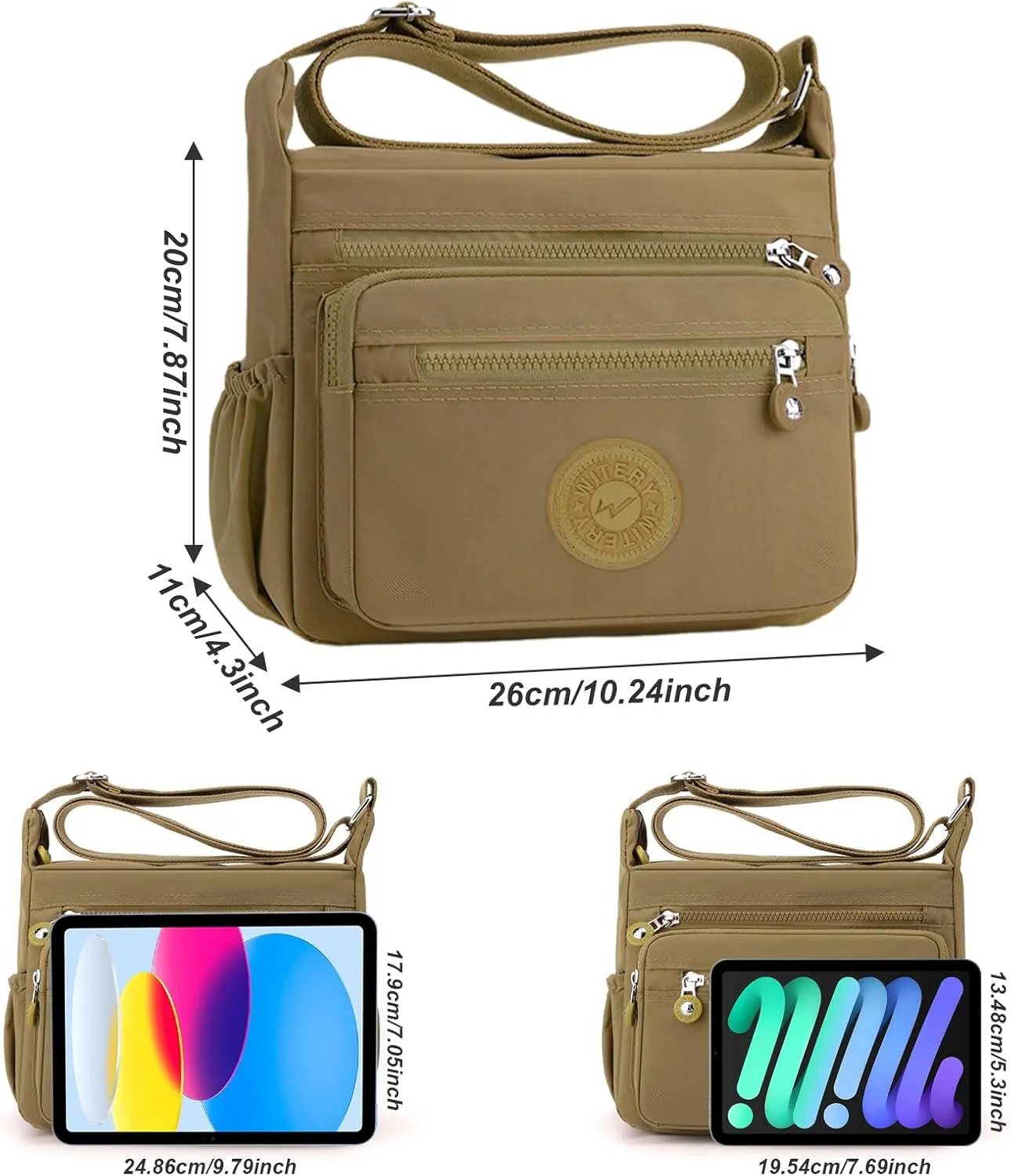 WITERY Nylon Crossboby Bag for Women - Waterproof Zipper Multi-pocket Travel Shoulder Bag Purse, Lightweight Messenger Bag