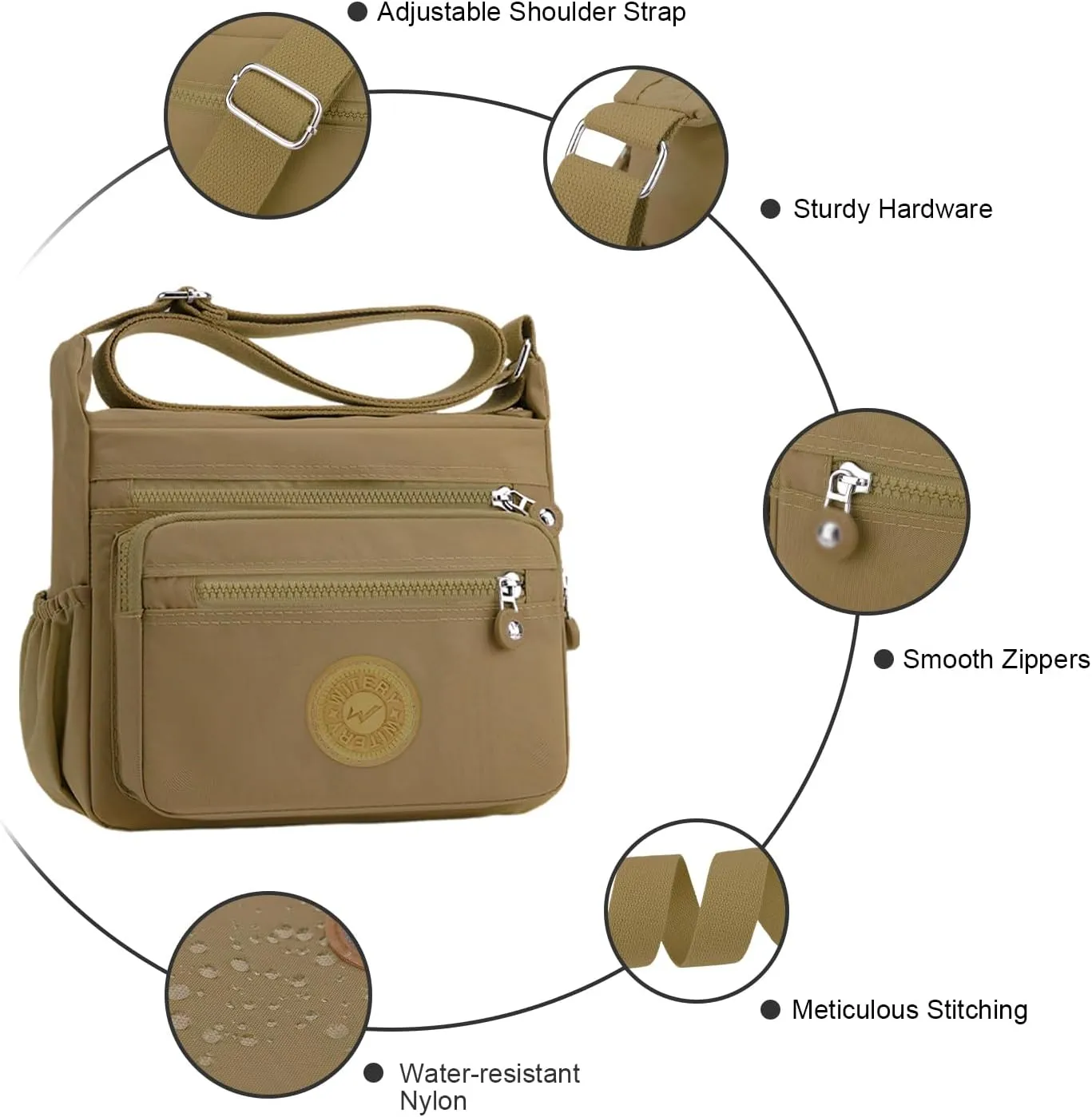 WITERY Nylon Crossboby Bag for Women - Waterproof Zipper Multi-pocket Travel Shoulder Bag Purse, Lightweight Messenger Bag