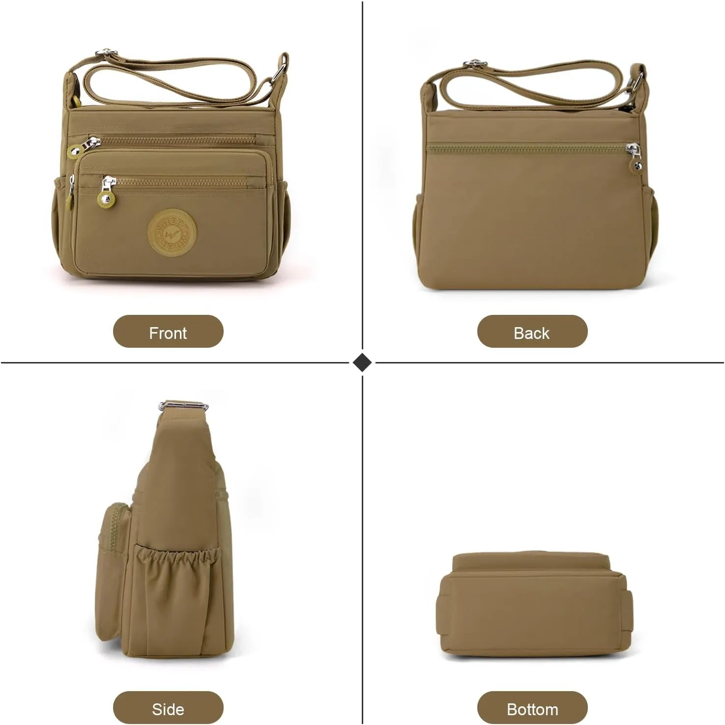 WITERY Nylon Crossboby Bag for Women - Waterproof Zipper Multi-pocket Travel Shoulder Bag Purse, Lightweight Messenger Bag