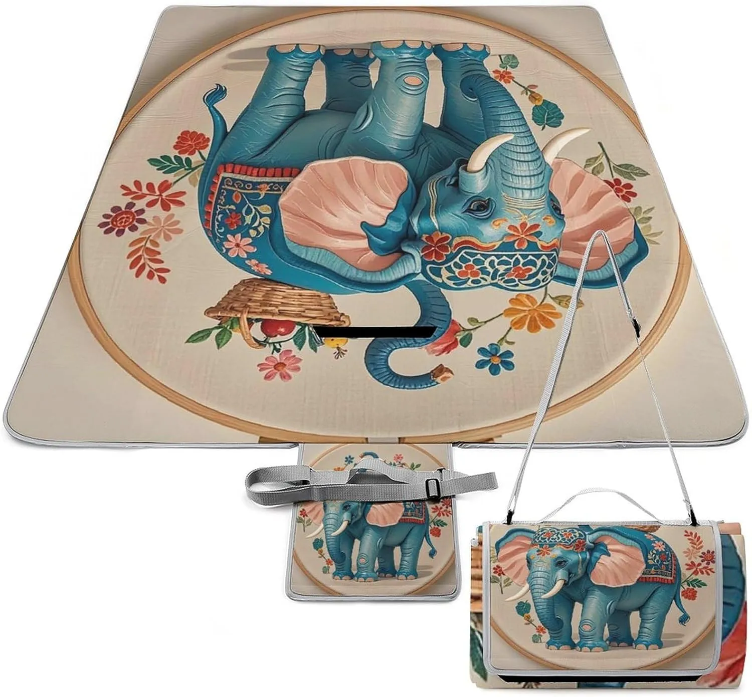 with Embroidered Elephant Picnic Blanket Outdoor, Oversized Beach Blanket, Foldable Lightweight Waterproof Sand Cushion Suitable for Beaches, Camping Grasslands Mat
