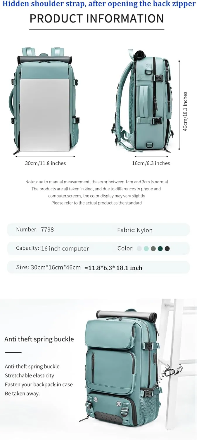 Woman travel backpack,waterproof 16 inch Business Laptop Backpack with Shoe Bag Hidden USB charging port Hiking backpack (green)
