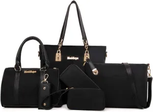 Women 6Pcs Handbag Set Purse Nylon Top Handle Shoulder Bag Tote Satchels Clutch
