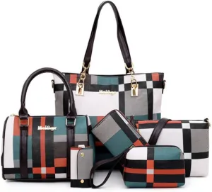 Women 6pcs Tote Purse Handbags Set PU Leather Top-Handle Crossbody Bag Clutch Wallet Key Holder