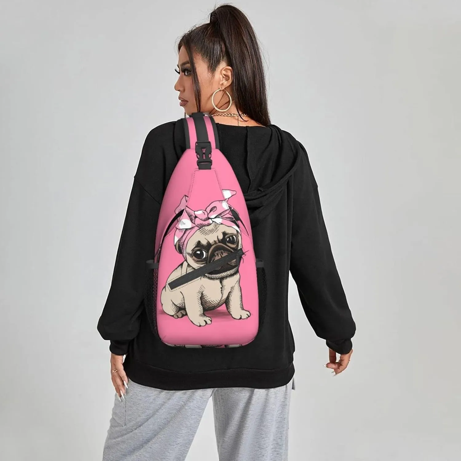 Women Cartoon Pink Funny Pug Dog Crossbody Sling Backpack for Men Chest Bag Shoulder Bag Lightweight One Strap Backpack Travel Outdoor Daypack