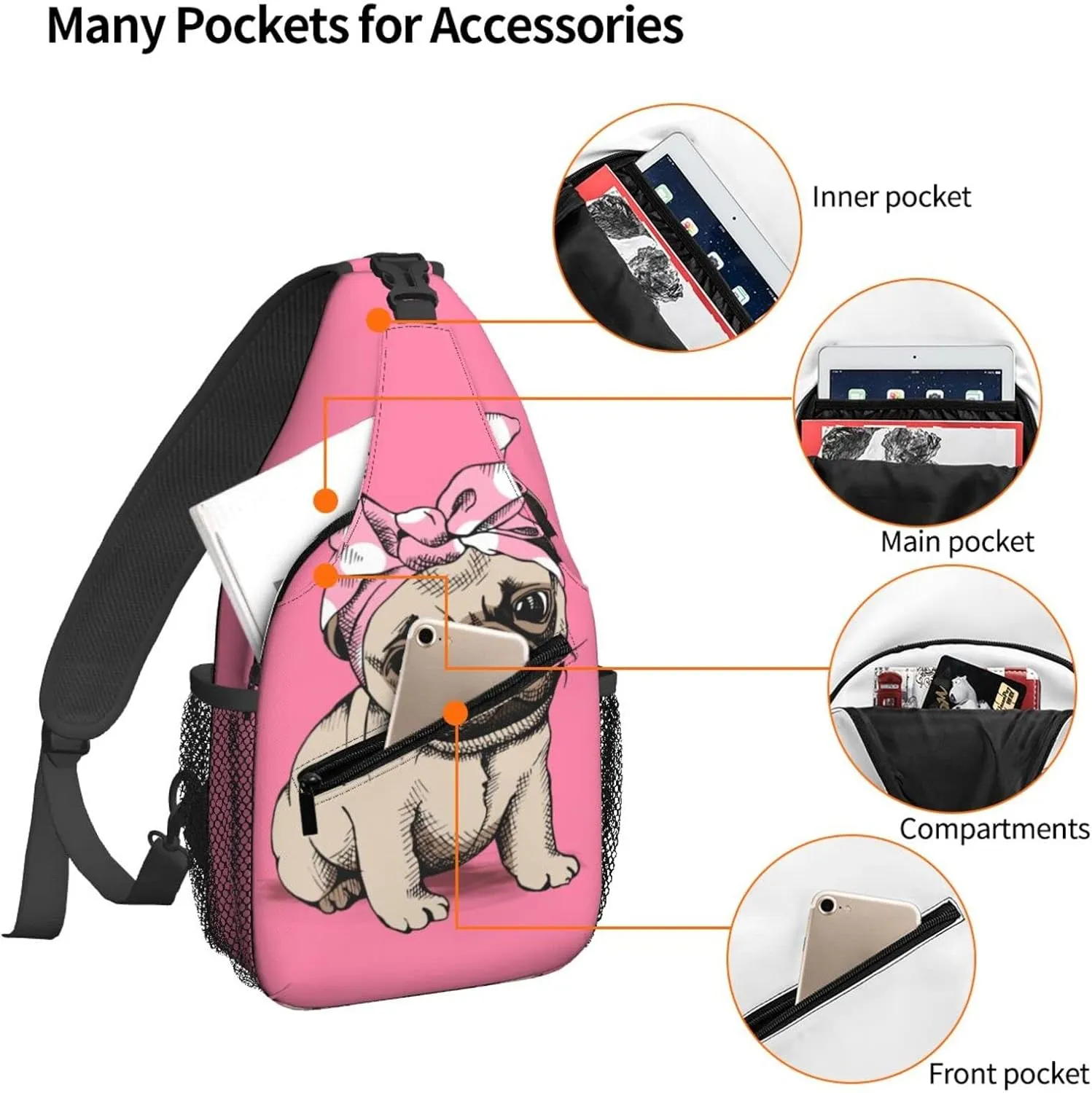 Women Cartoon Pink Funny Pug Dog Crossbody Sling Backpack for Men Chest Bag Shoulder Bag Lightweight One Strap Backpack Travel Outdoor Daypack