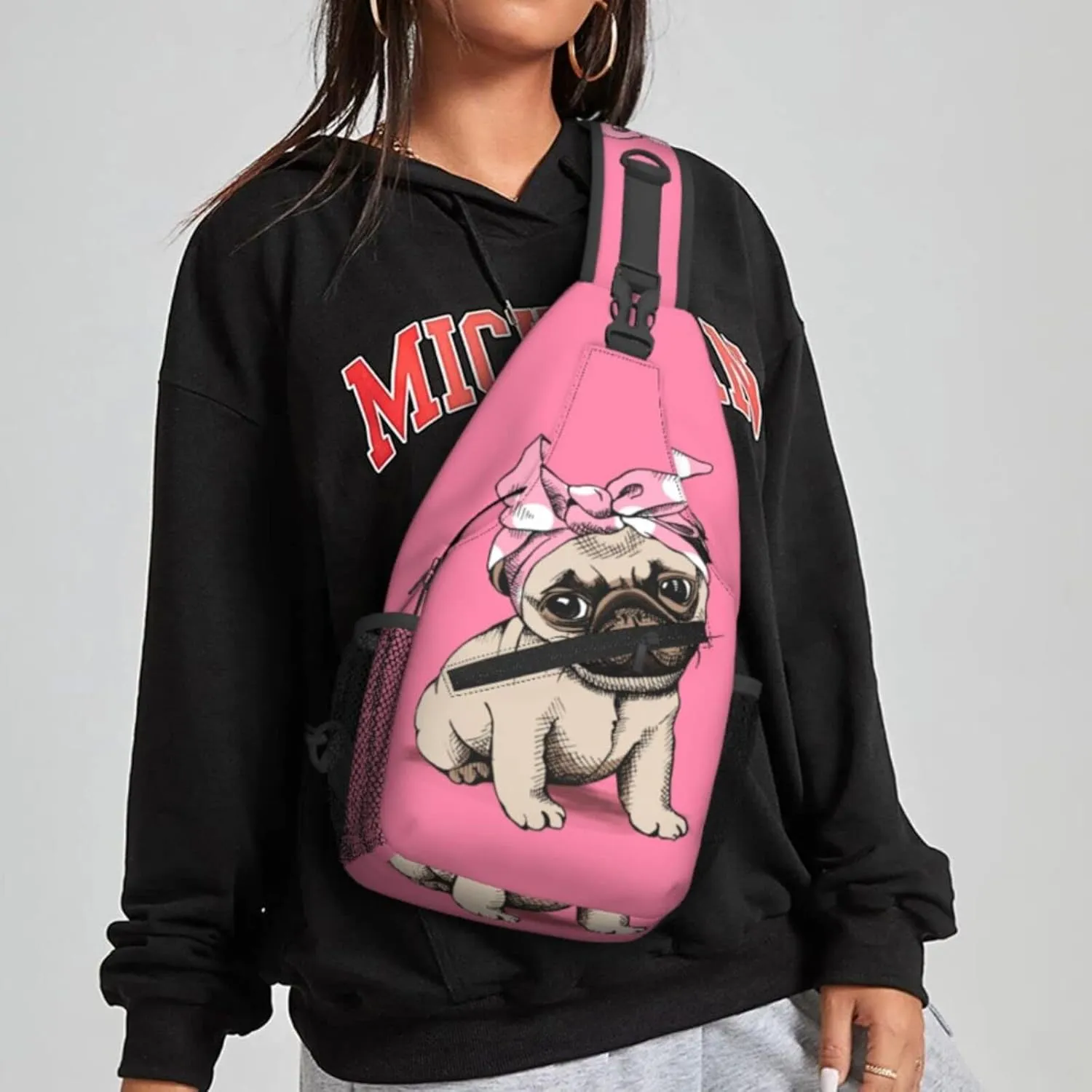 Women Cartoon Pink Funny Pug Dog Crossbody Sling Backpack for Men Chest Bag Shoulder Bag Lightweight One Strap Backpack Travel Outdoor Daypack