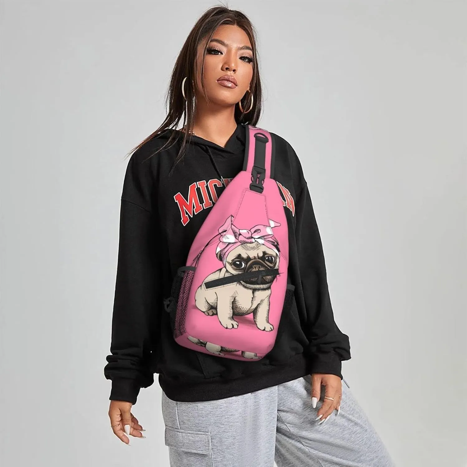Women Cartoon Pink Funny Pug Dog Crossbody Sling Backpack for Men Chest Bag Shoulder Bag Lightweight One Strap Backpack Travel Outdoor Daypack