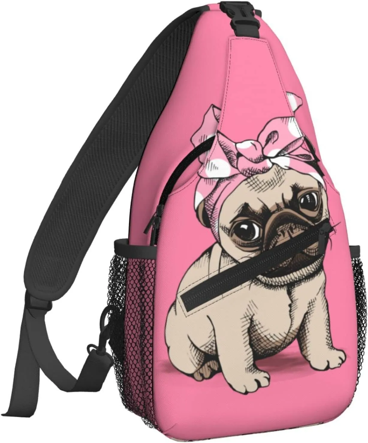 Women Cartoon Pink Funny Pug Dog Crossbody Sling Backpack for Men Chest Bag Shoulder Bag Lightweight One Strap Backpack Travel Outdoor Daypack