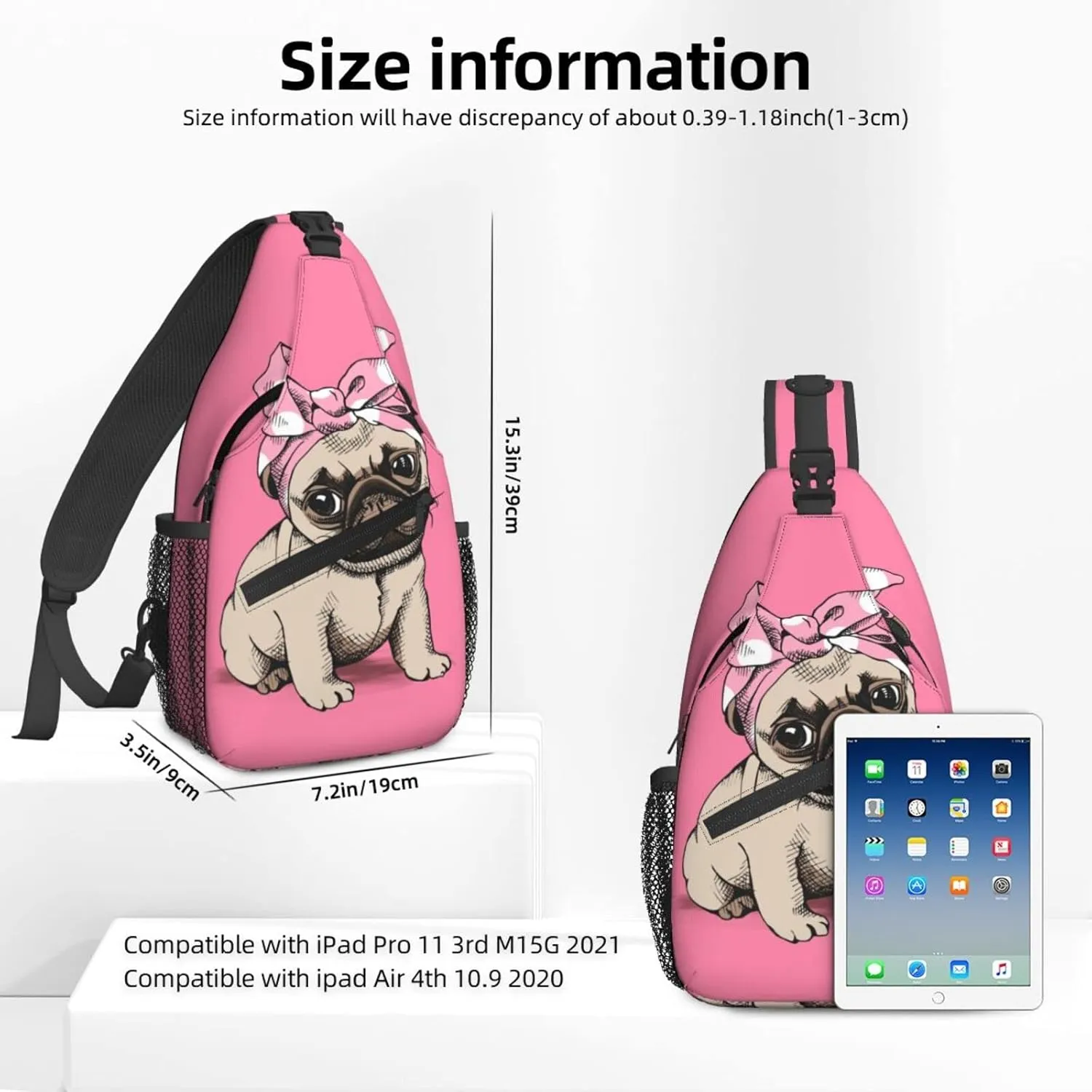 Women Cartoon Pink Funny Pug Dog Crossbody Sling Backpack for Men Chest Bag Shoulder Bag Lightweight One Strap Backpack Travel Outdoor Daypack