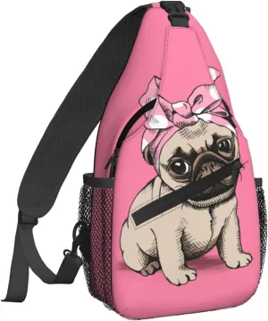 Women Cartoon Pink Funny Pug Dog Crossbody Sling Backpack for Men Chest Bag Shoulder Bag Lightweight One Strap Backpack Travel Outdoor Daypack