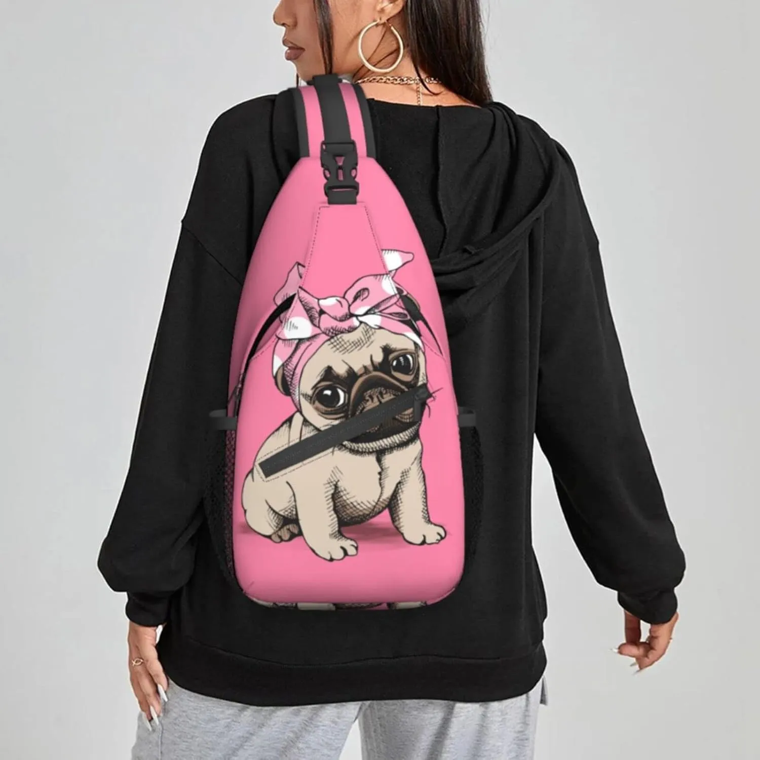 Women Cartoon Pink Funny Pug Dog Crossbody Sling Backpack for Men Chest Bag Shoulder Bag Lightweight One Strap Backpack Travel Outdoor Daypack