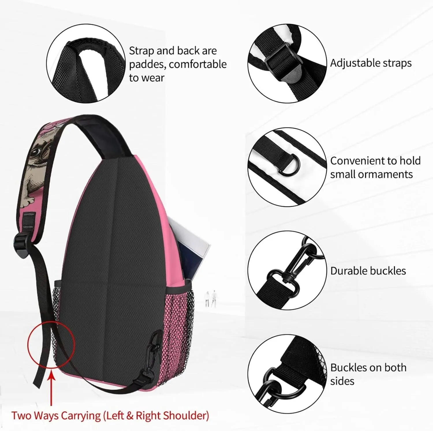 Women Cartoon Pink Funny Pug Dog Crossbody Sling Backpack for Men Chest Bag Shoulder Bag Lightweight One Strap Backpack Travel Outdoor Daypack