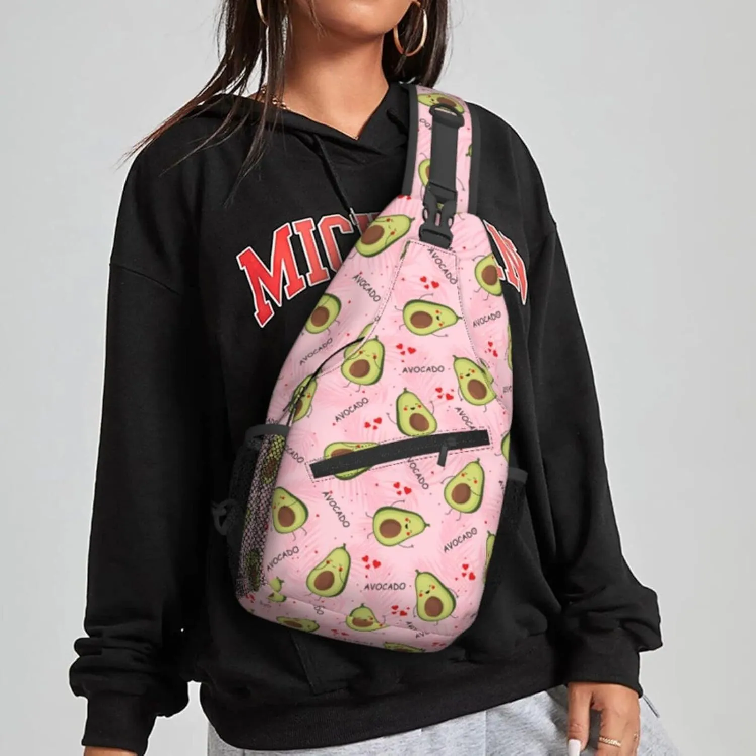 Women Cute Avocado Pink Palm Leaves Crossbody Sling Backpack for Men Chest Bag Shoulder Bag Lightweight One Strap Backpack Travel Outdoor Daypack