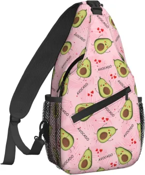 Women Cute Avocado Pink Palm Leaves Crossbody Sling Backpack for Men Chest Bag Shoulder Bag Lightweight One Strap Backpack Travel Outdoor Daypack