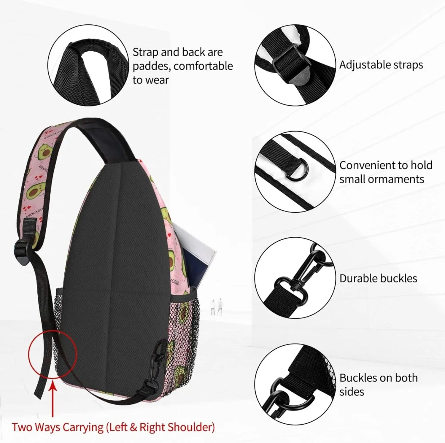 Women Cute Avocado Pink Palm Leaves Crossbody Sling Backpack for Men Chest Bag Shoulder Bag Lightweight One Strap Backpack Travel Outdoor Daypack