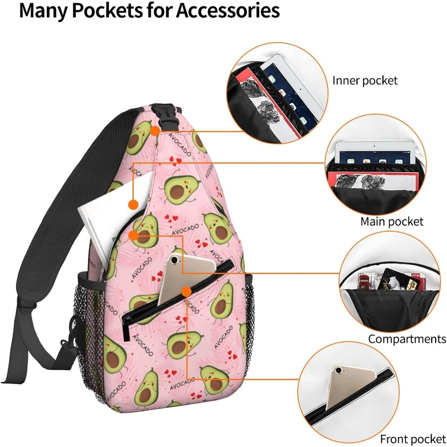 Women Cute Avocado Pink Palm Leaves Crossbody Sling Backpack for Men Chest Bag Shoulder Bag Lightweight One Strap Backpack Travel Outdoor Daypack
