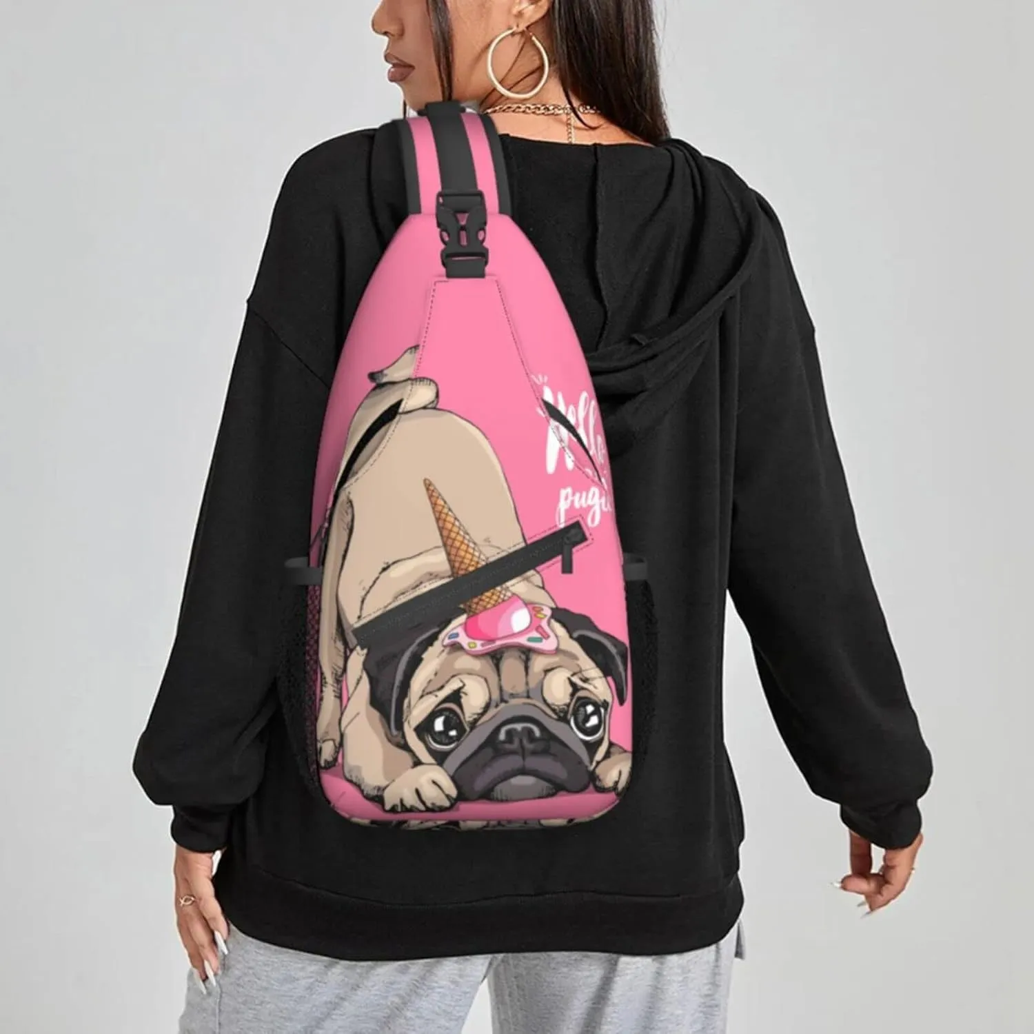 Women Funny Cartoon Pug Unicorn Crossbody Sling Backpack for Men Chest Bag Shoulder Bag Lightweight One Strap Backpack Travel Outdoor Daypack