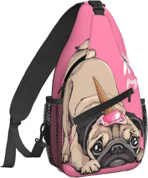 Women Funny Cartoon Pug Unicorn Crossbody Sling Backpack for Men Chest Bag Shoulder Bag Lightweight One Strap Backpack Travel Outdoor Daypack