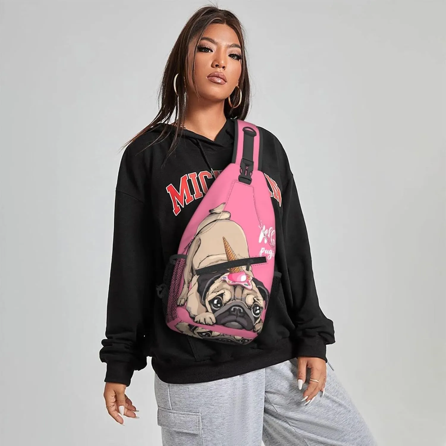 Women Funny Cartoon Pug Unicorn Crossbody Sling Backpack for Men Chest Bag Shoulder Bag Lightweight One Strap Backpack Travel Outdoor Daypack
