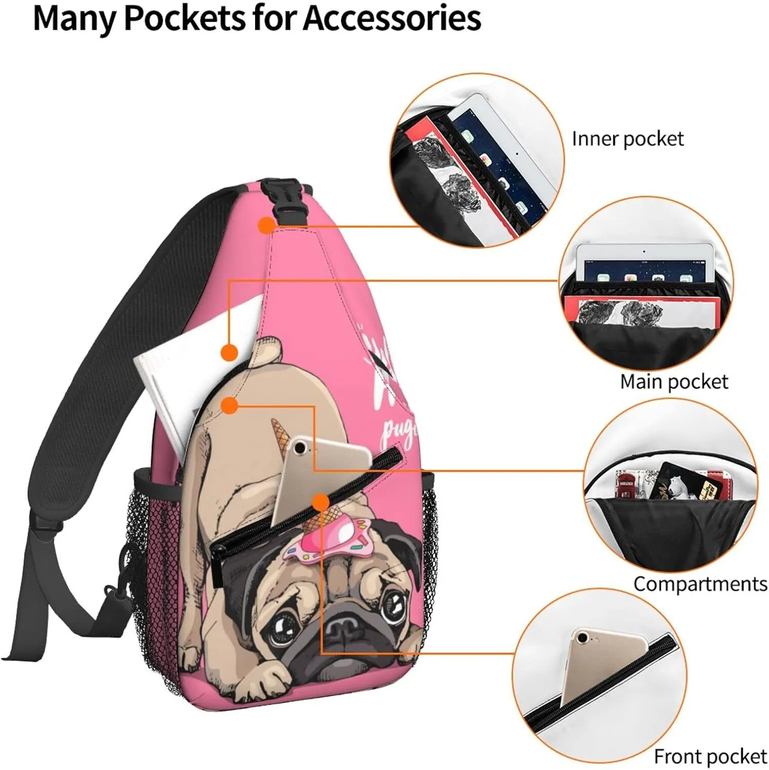 Women Funny Cartoon Pug Unicorn Crossbody Sling Backpack for Men Chest Bag Shoulder Bag Lightweight One Strap Backpack Travel Outdoor Daypack
