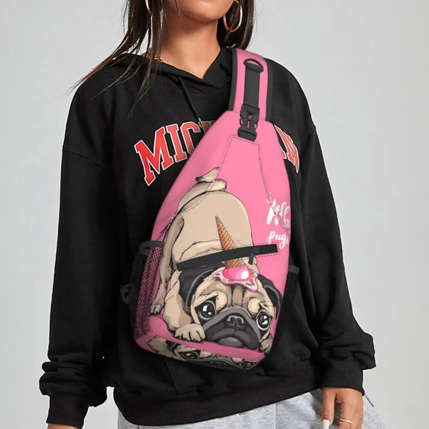 Women Funny Cartoon Pug Unicorn Crossbody Sling Backpack for Men Chest Bag Shoulder Bag Lightweight One Strap Backpack Travel Outdoor Daypack