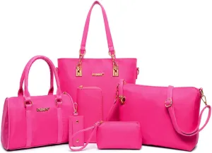 Women Handbag and Purse 6Pcs Tote Satchel Top Handle Crossbody Shoulder Bag Clutch Wallet Key Case