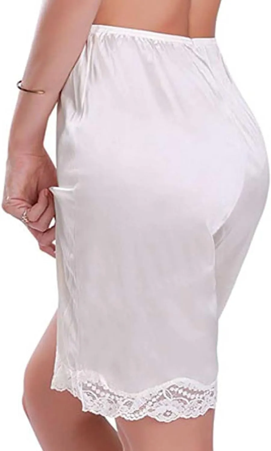 Women Lace Edge Pyjama Bottoms Solid Color Loose Soft Satin Silk Pettipants Summer Casual Half Slip Shorts