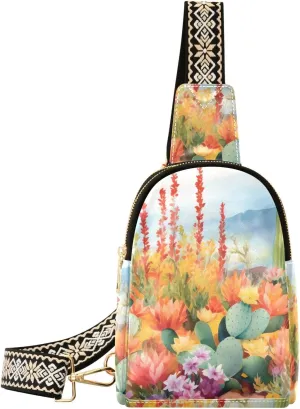 Women Sling Bag with Adjustable Strap Zipper Closure-Cactus Bush Print, PU Leather Water Resistant Crossbody Fanny Pack Purse Chest Bag