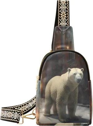 Women Sling Bag with Adjustable Strap Zipper Closure-Polar Bear in Lane Print, PU Leather Water Resistant Crossbody Fanny Pack Purse Chest Bag