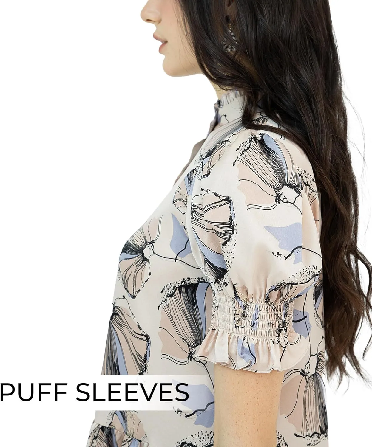 Womens 2025 Floral Midi Dresses Ruffle Empire Waist Elastic Short Sleeve Knee Length Button Closure Casual