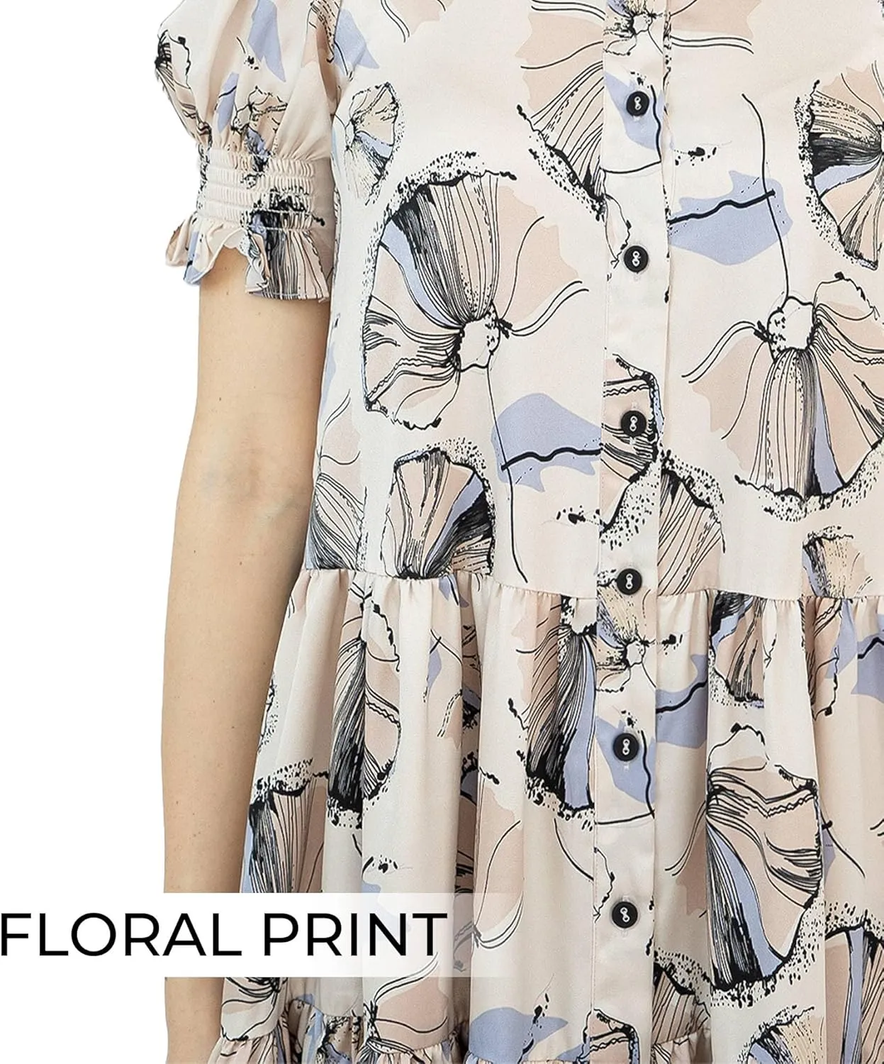 Womens 2025 Floral Midi Dresses Ruffle Empire Waist Elastic Short Sleeve Knee Length Button Closure Casual