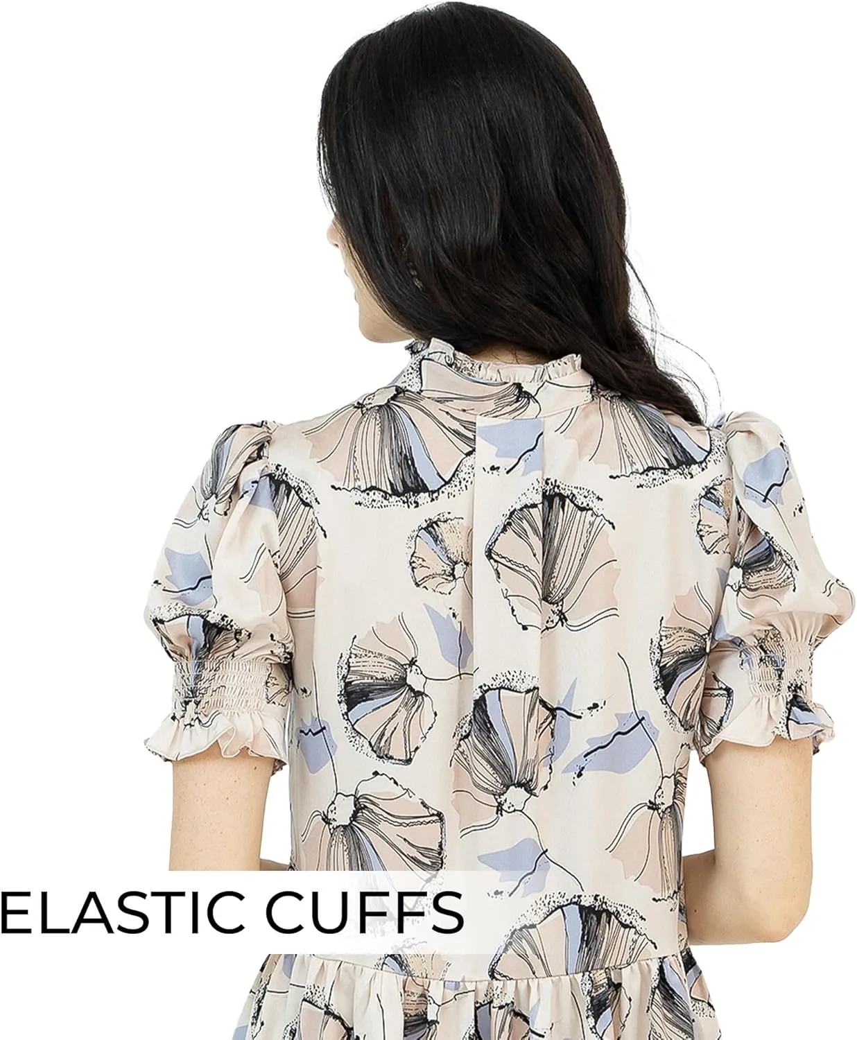 Womens 2025 Floral Midi Dresses Ruffle Empire Waist Elastic Short Sleeve Knee Length Button Closure Casual