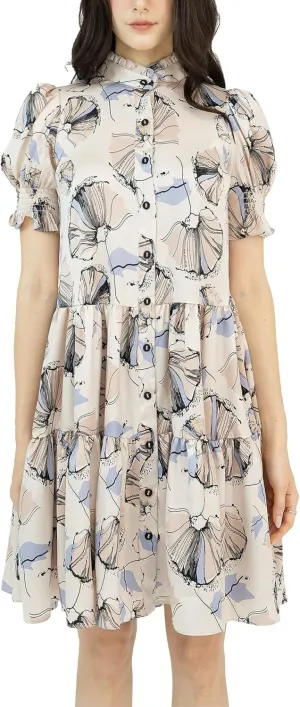 Womens 2025 Floral Midi Dresses Ruffle Empire Waist Elastic Short Sleeve Knee Length Button Closure Casual