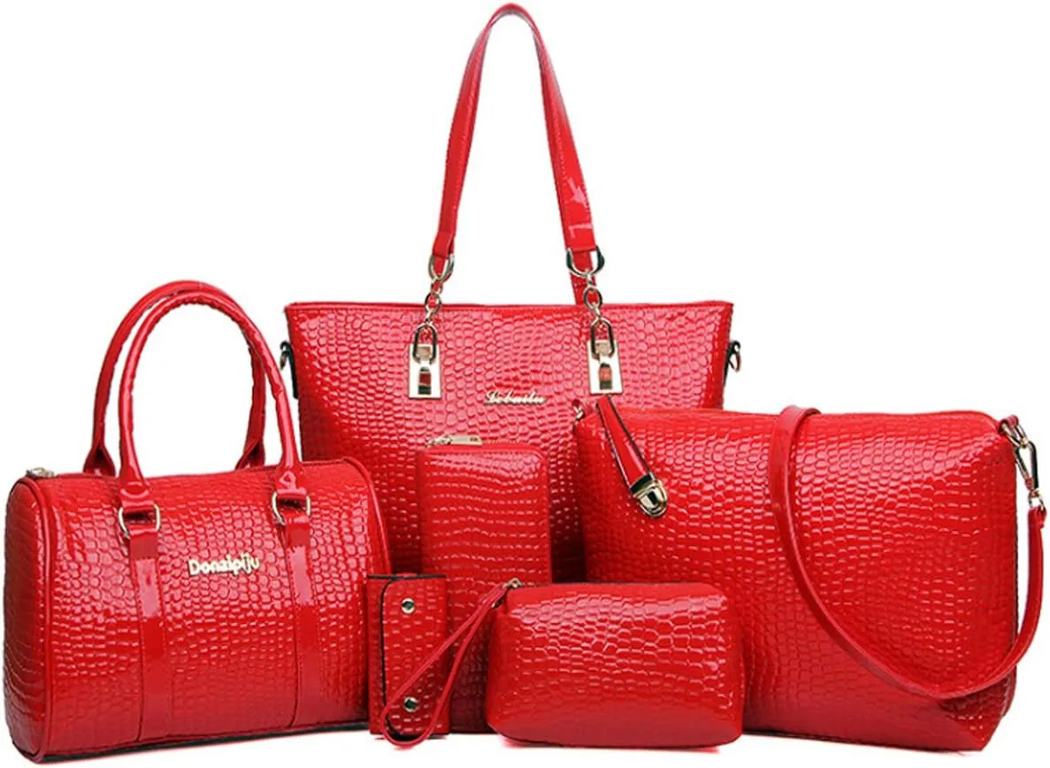 Womens 6 Pcs Handbag Set Clutch Top Handle Totes Satchels Crossbody Bag Wallet