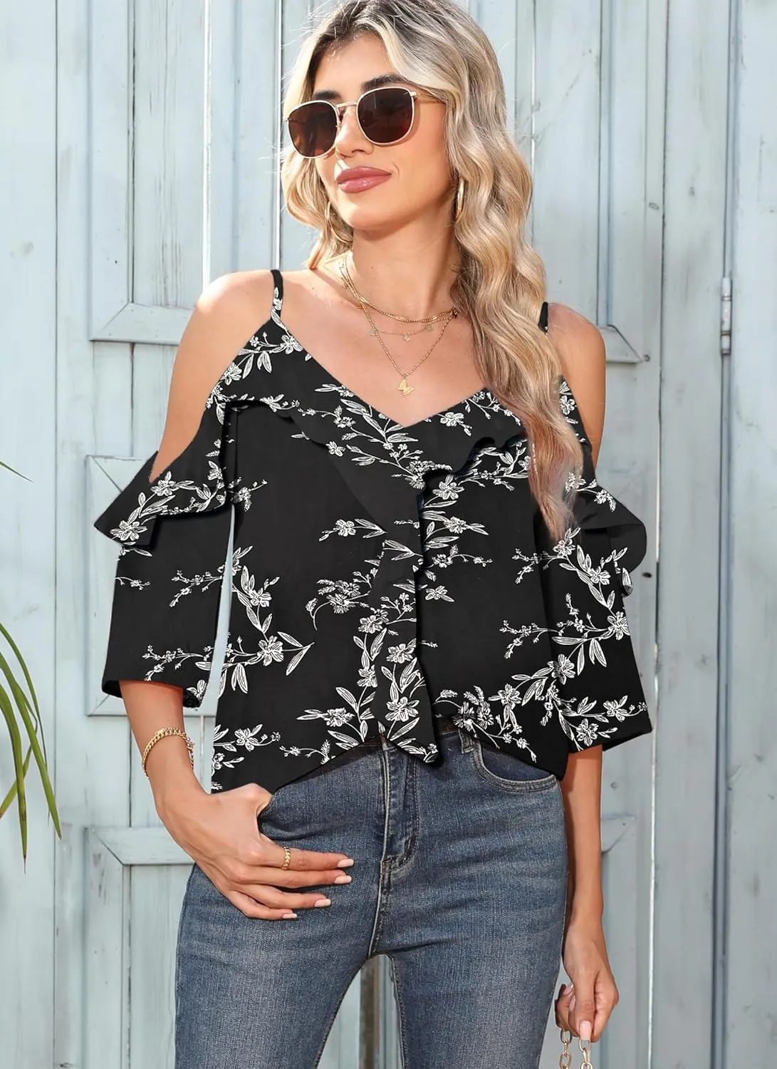 Women's Cold Shoulder Blouses Ruffle Dressy Casual 3/4 Sleeve Chiffon Tops Flowy Adjustable Strap Summer Shirt