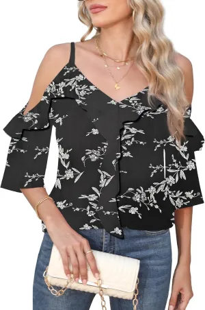 Women's Cold Shoulder Blouses Ruffle Dressy Casual 3/4 Sleeve Chiffon Tops Flowy Adjustable Strap Summer Shirt