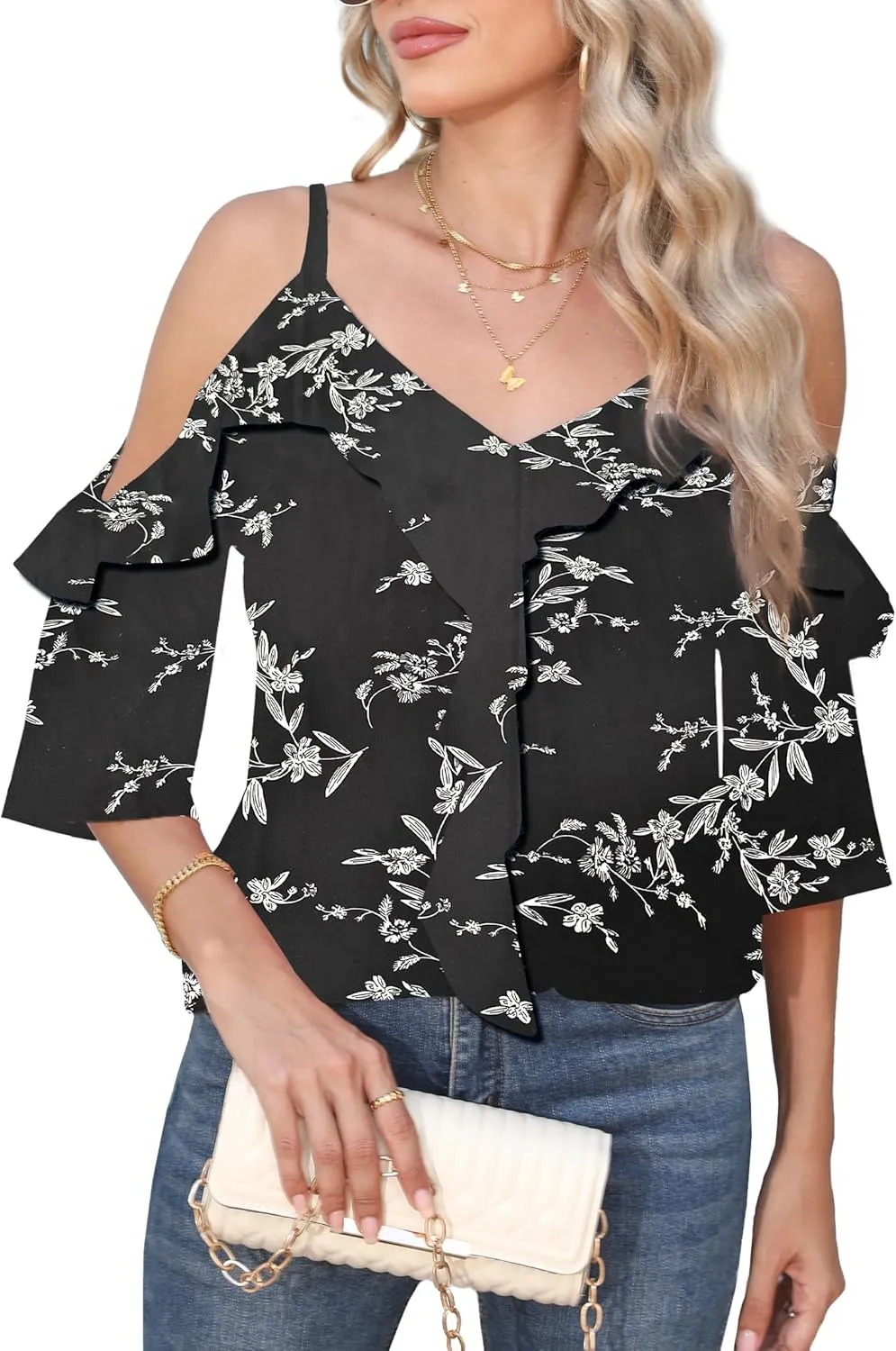 Women's Cold Shoulder Blouses Ruffle Dressy Casual 3/4 Sleeve Chiffon Tops Flowy Adjustable Strap Summer Shirt