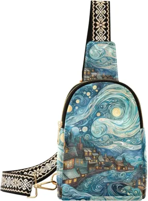 Womens Crossbody Bag Art Town Van Gogh Style Print PU Leather Sling Bag with Adjustable Strap Zipper Closure Water Resistant